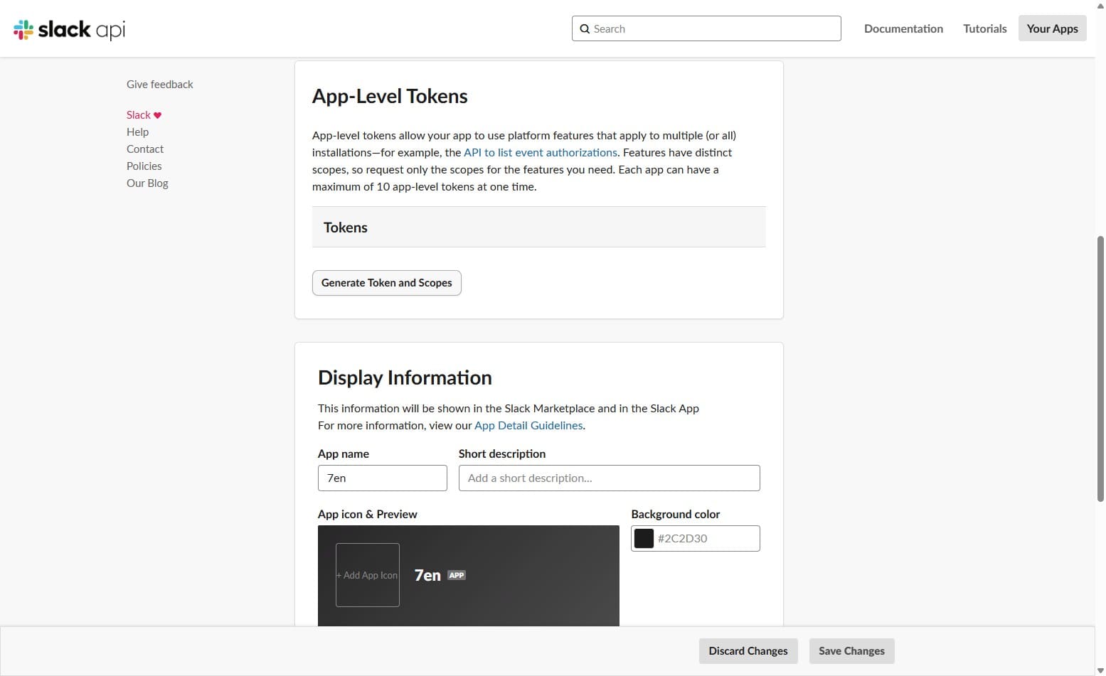 Screenshot of slack app level tokens