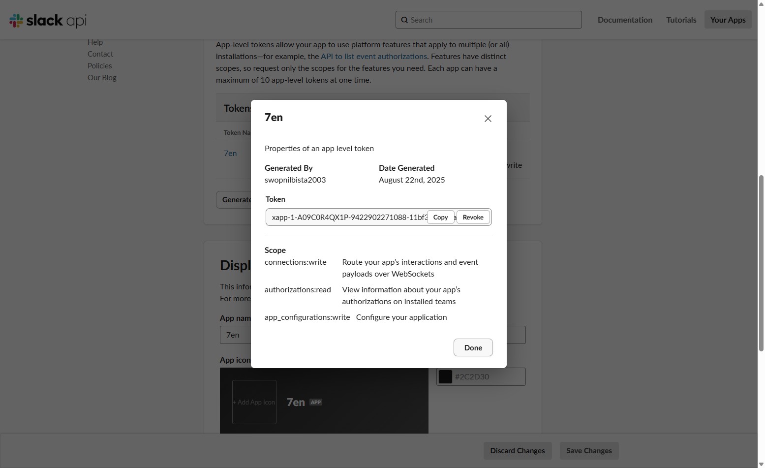 Screenshot of generated app level tokens