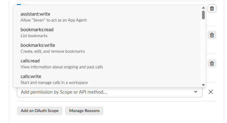Screenshot of Bot token scopes