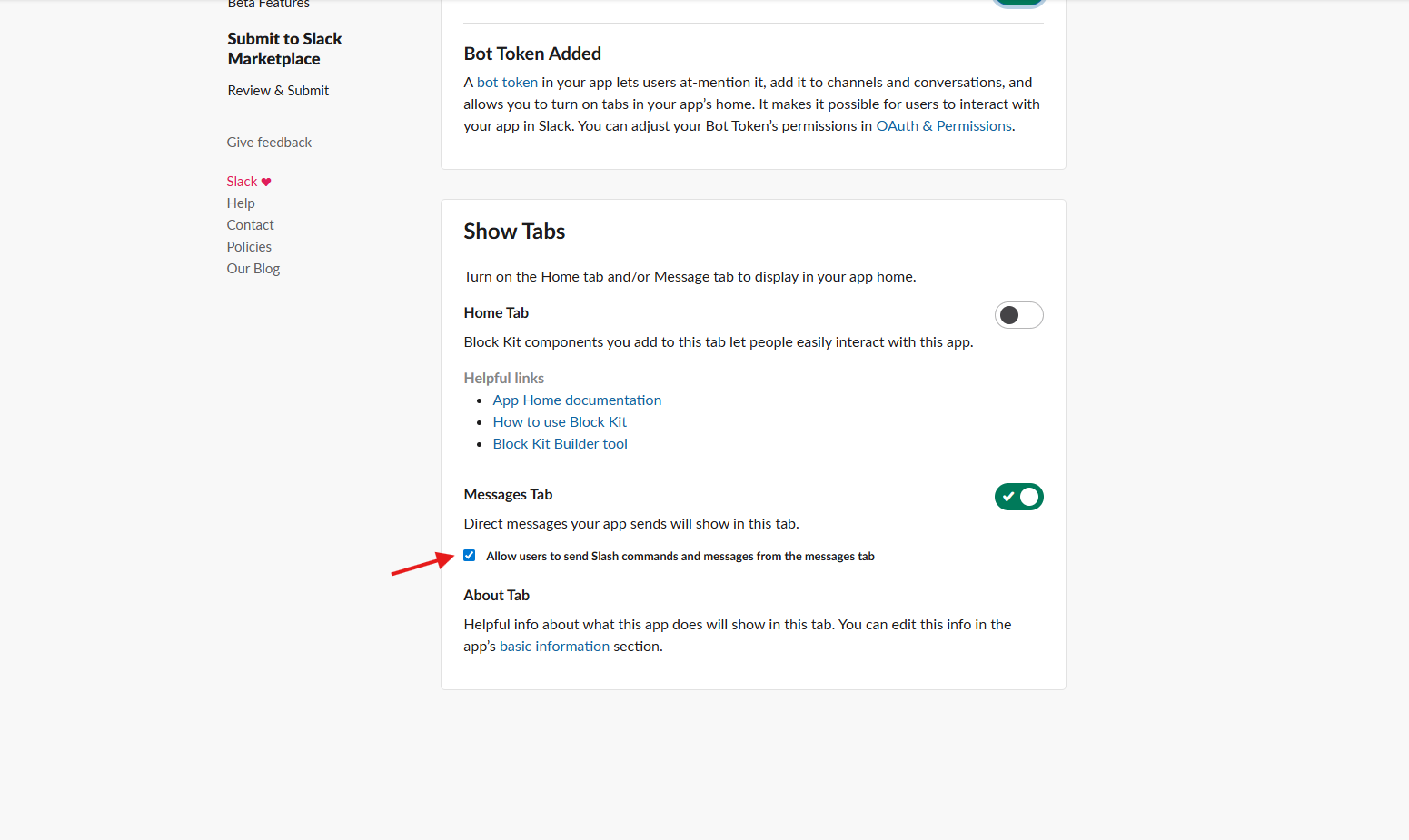 Screenshot of show tabs section
