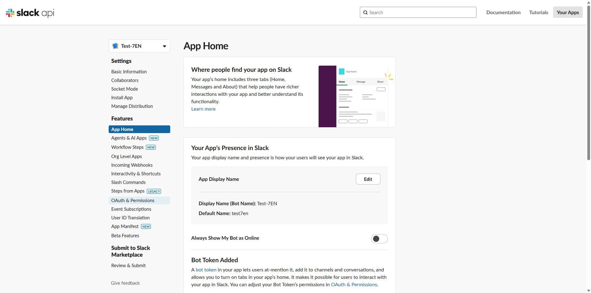 Screenshot of oauth and permissions page of Slack