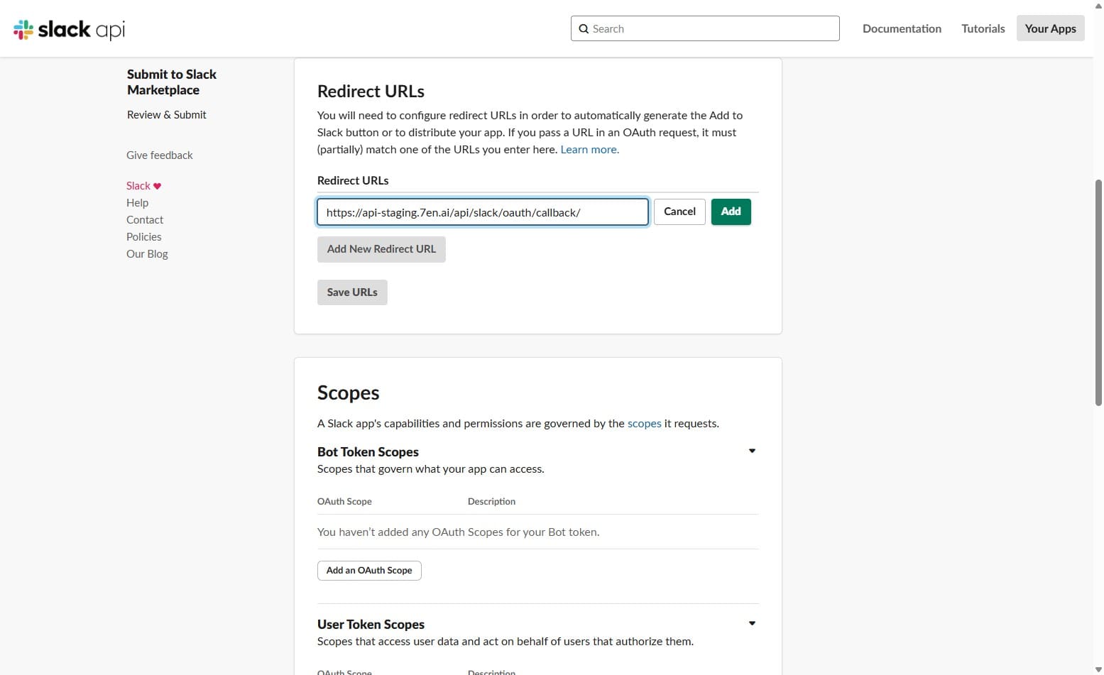 Screenshot of oauth and permissions page of Slack