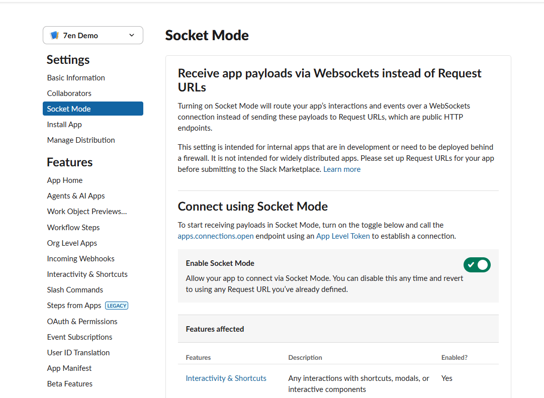 Screenshot of enable socket mode