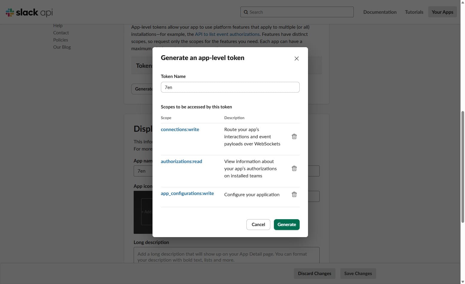 Screenshot of slack app level tokens